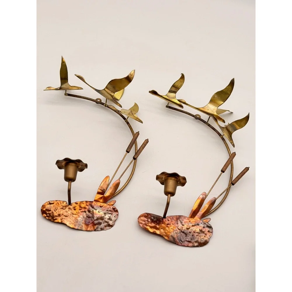 Vintage Brutalist Brass Copper Flying Geese Cattails Candle Holder Set Pair MCM